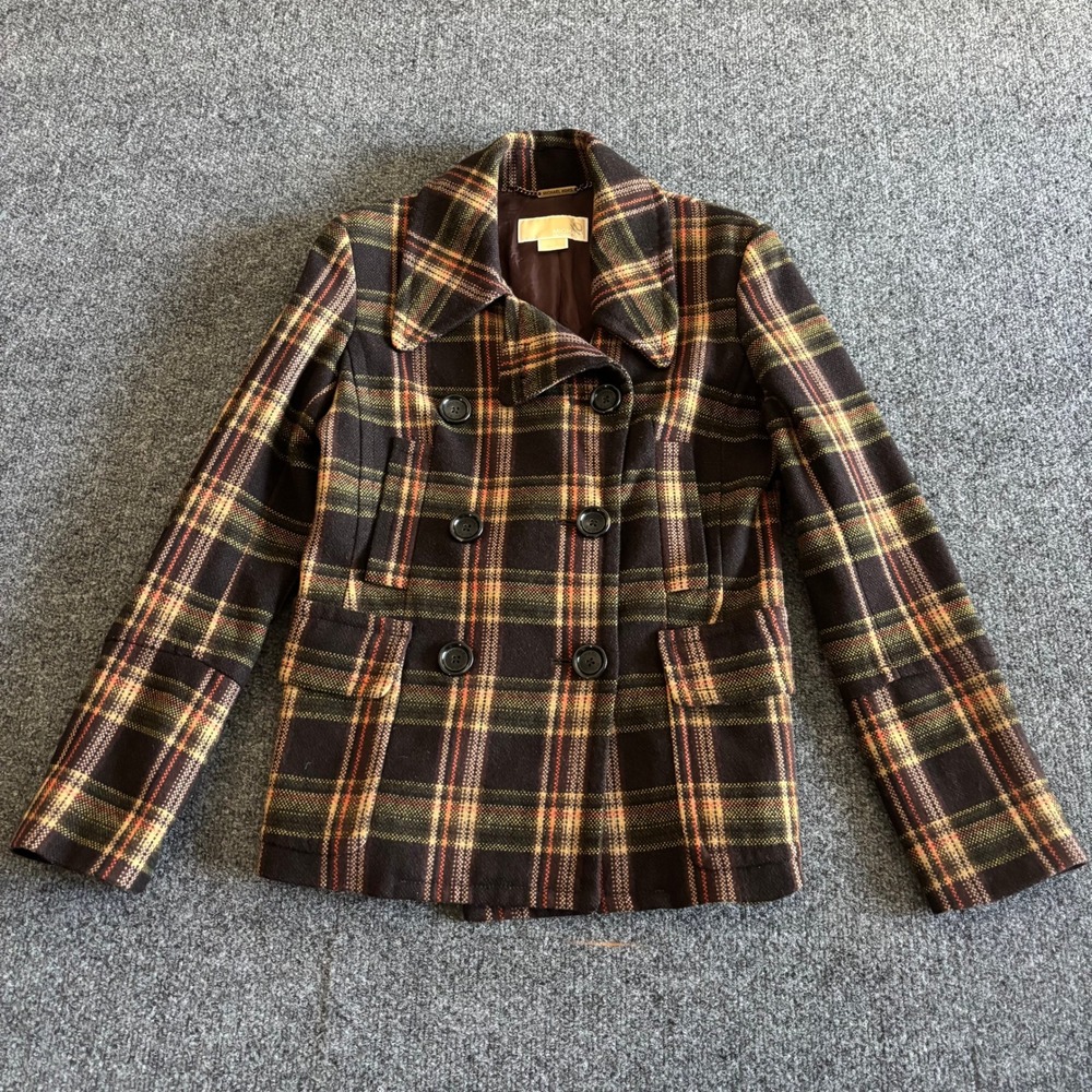 Michael Kors Women Brown Plaid Wool Blend Double Breasted Peacoat Jacket Small